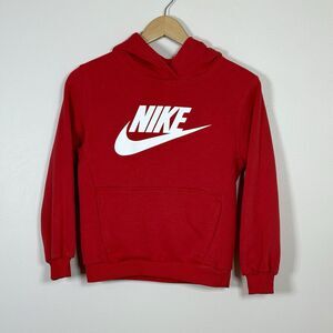 Nike Kids Hoodie Size M Red Spellout Swoosh Pullover Kangaroo Pocket FD2988-657